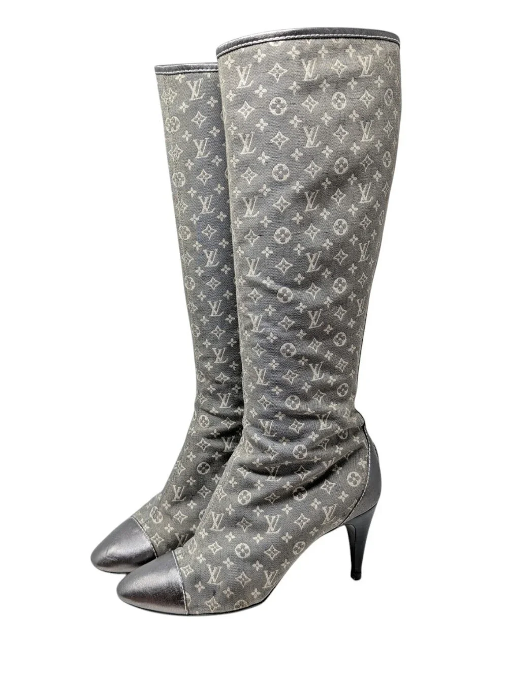Louis Vuitton Mini Lin Denim Silver LV Monogram Knee High Boots Size EU 36.5